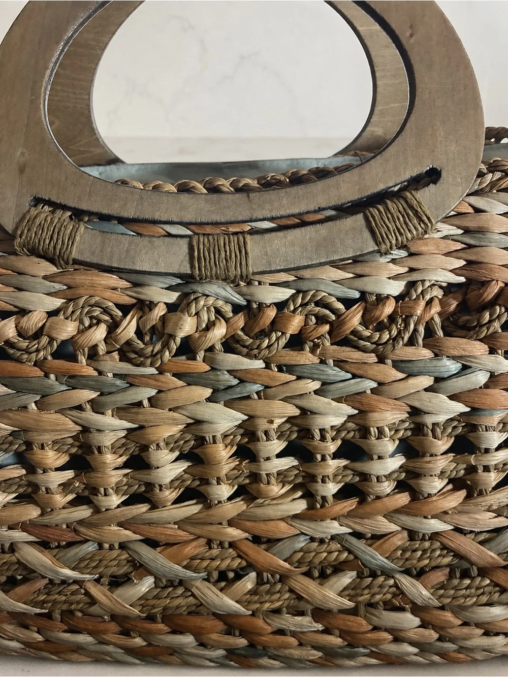 Woven Natural Fiber Handbag Wood Handles Boho Coastal Purse